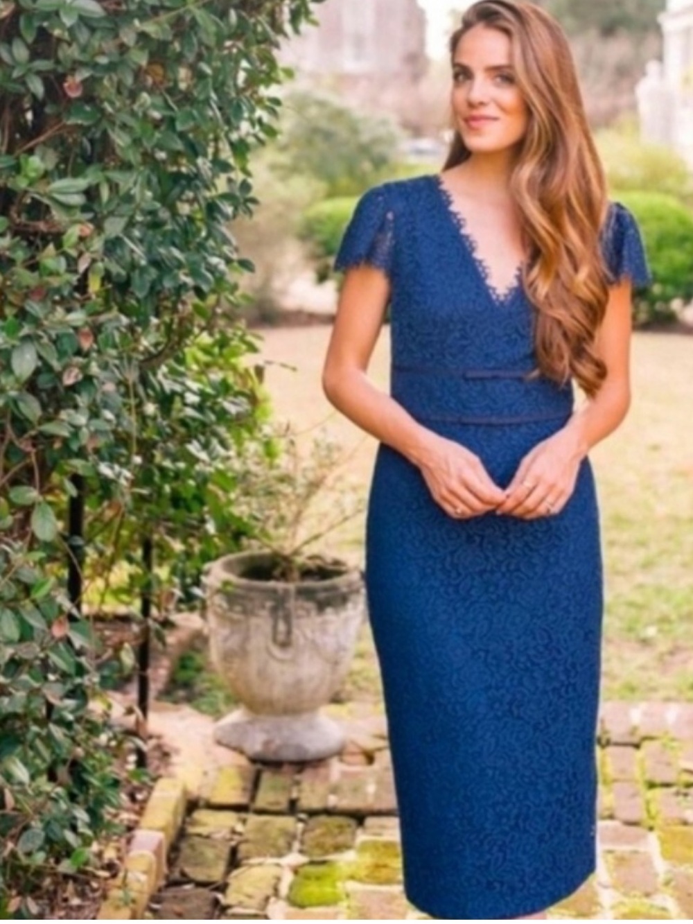 Gal Meets Glam Navy Rosebud Lace Midi Dress